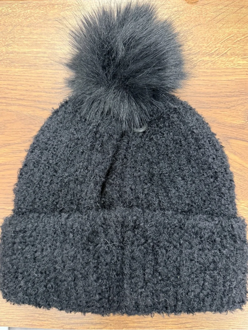NWT Nanette Lepore Black Faux Fur Pom Pom Beanie One Size